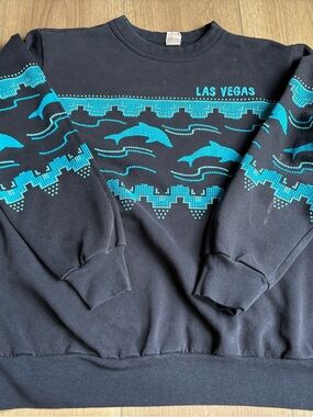 Vintage Las Vegas Black Teal 90s Sweatshirt Dolphin Design Large